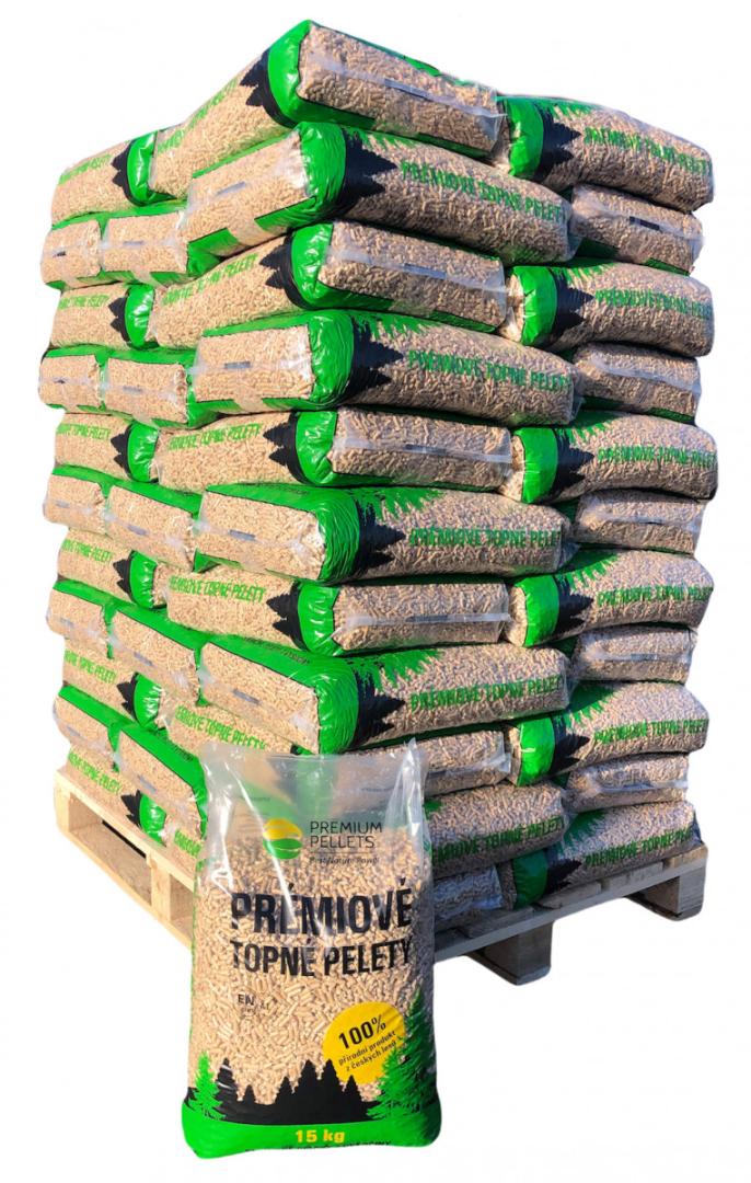 DŘEVĚNÉ PELETY PREMIUM PELLETS ENPLUS A1- Paleta 975 KG/ 15 Kg Kus/ 65 ...